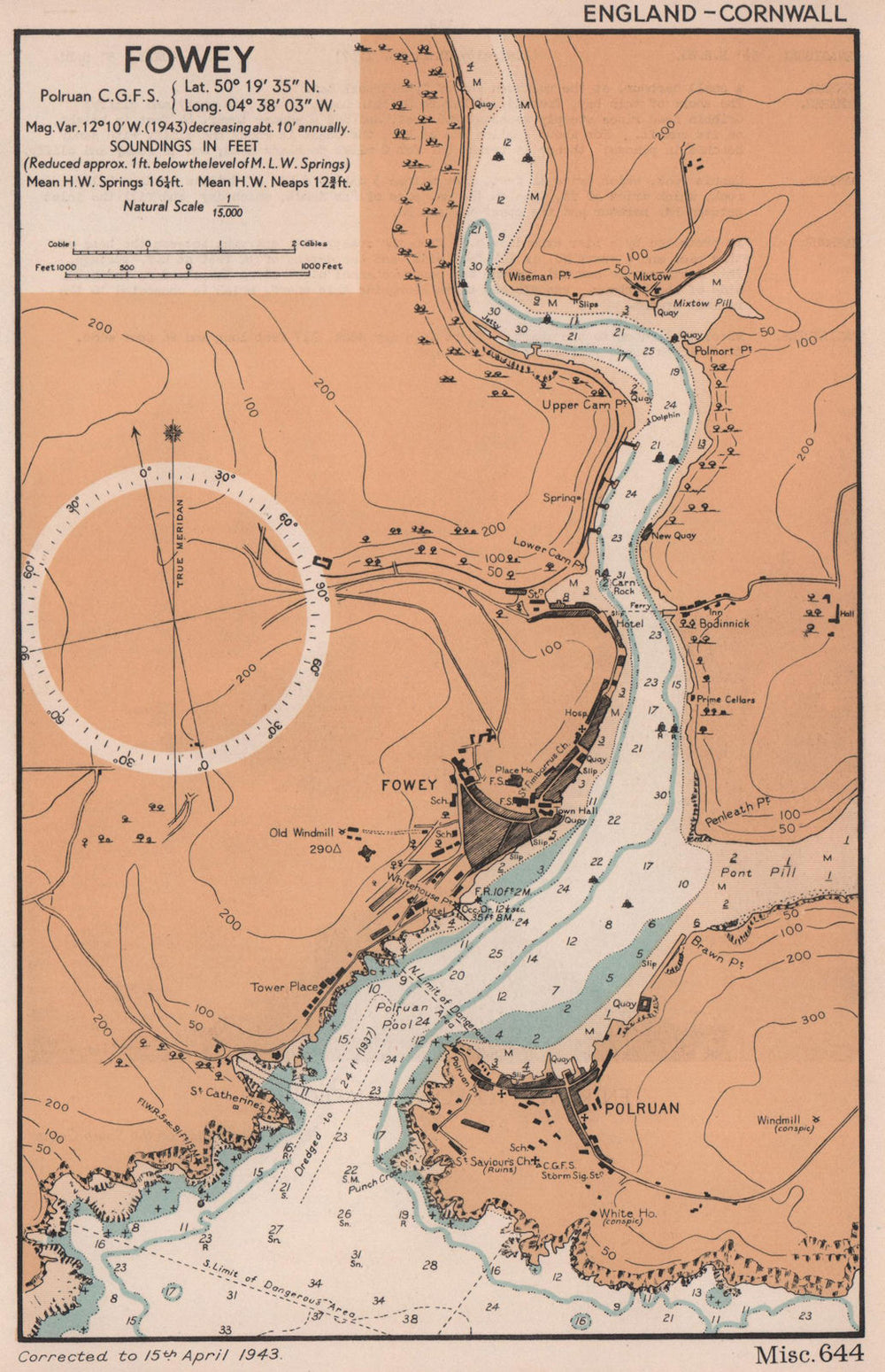 Fowey, Polruan & Bodinnick sea coast chart. Cornwall. ADMIRALTY 1943 old map