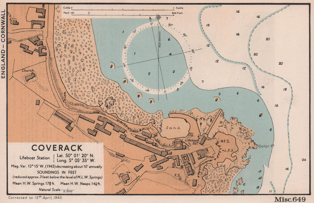 Coverack town plan & sea coast chart. Cornwall. ADMIRALTY 1943 old vintage map