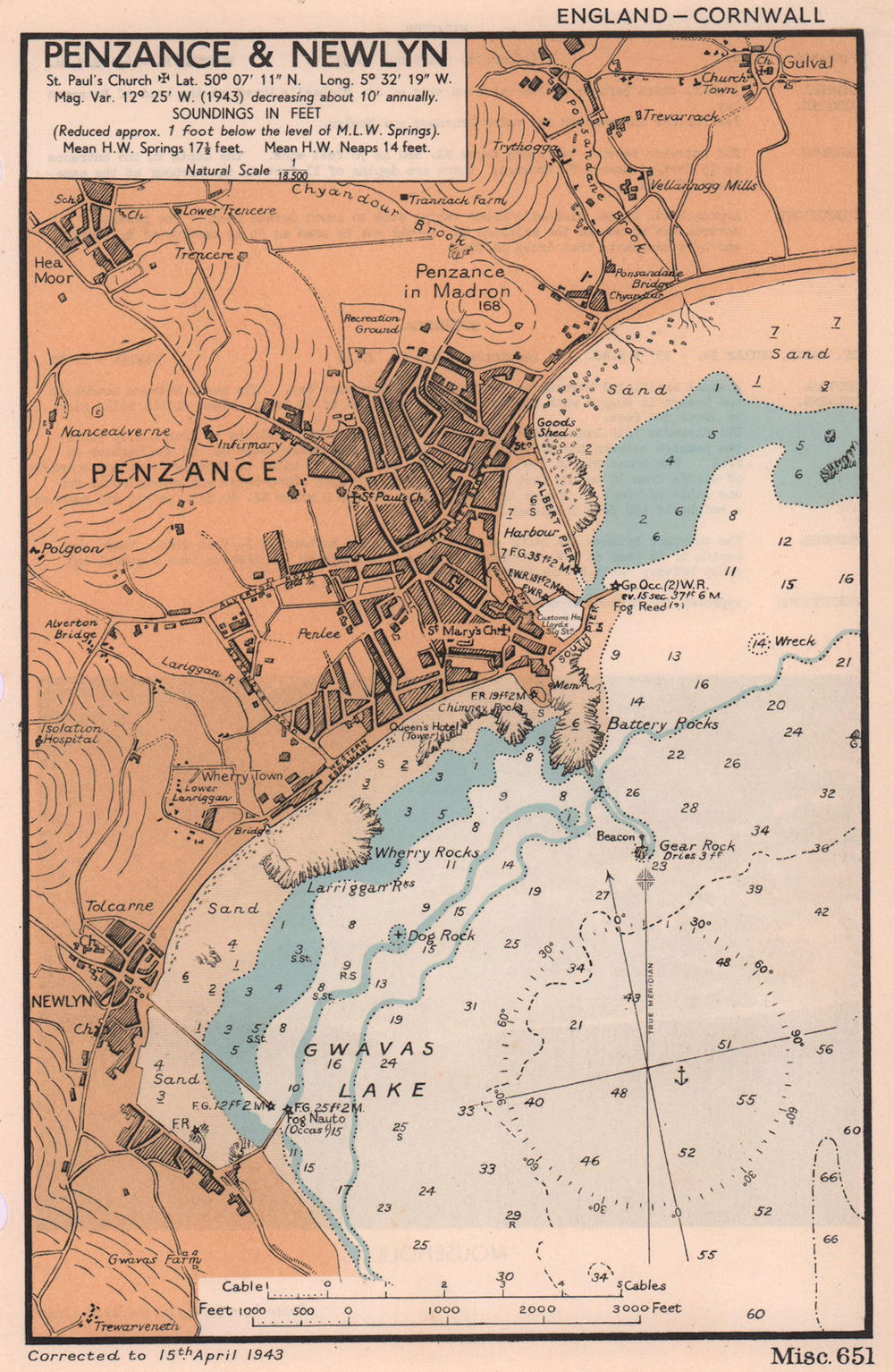 Penzance & Newlyn town plan & sea coast chart. Cornwall. ADMIRALTY 1943 map