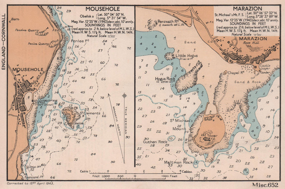 Mousehole & Marazion town plans & sea coast charts. Cornwall. ADMIRALTY 1943 map