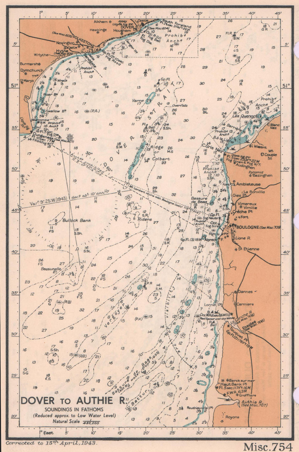 Dover to Authie River sea coast chart. D-Day planning map. ADMIRALTY 1943