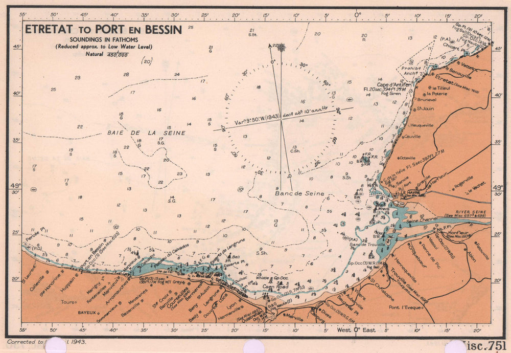 Étretat to Port-en-Bessin sea coast chart. D-Day planning map. ADMIRALTY 1943