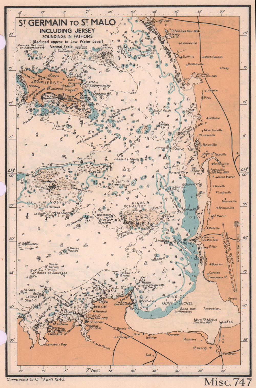 St. Germain - St. Malo Jersey sea coast chart. D-Day planning map ADMIRALTY 1943