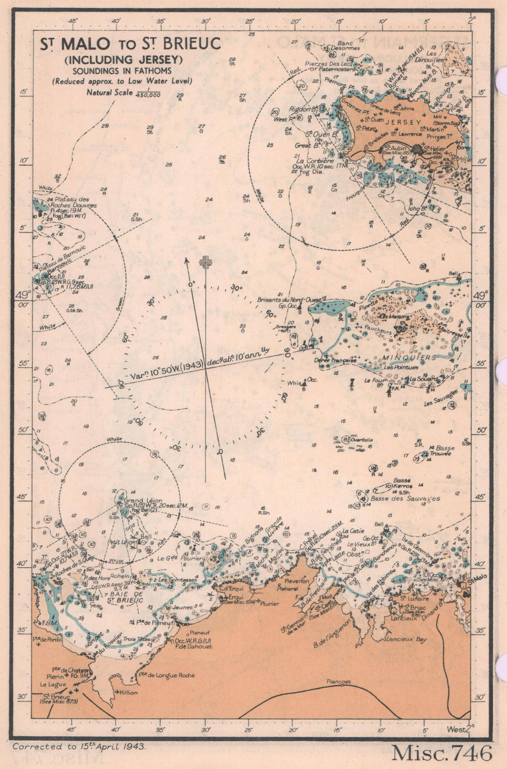 St. Malo - St. Brieuc Jersey sea coast chart. D-Day planning map. ADMIRALTY 1943