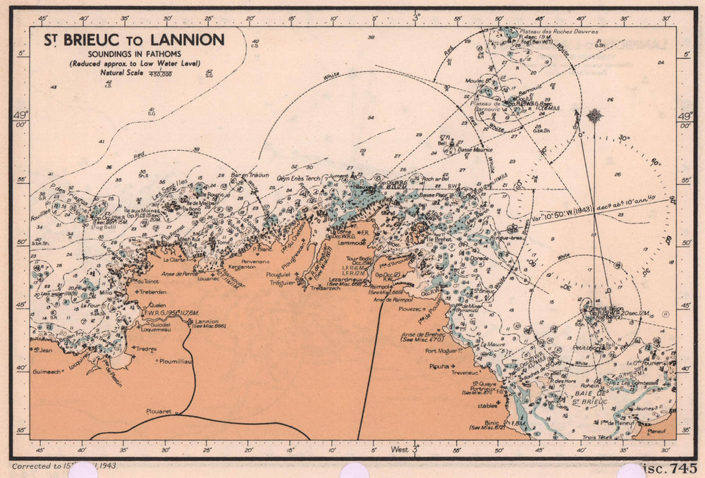 St. Brieuc - Lannion sea coast chart: Côtes-d'Armor. ADMIRALTY 1943 old map
