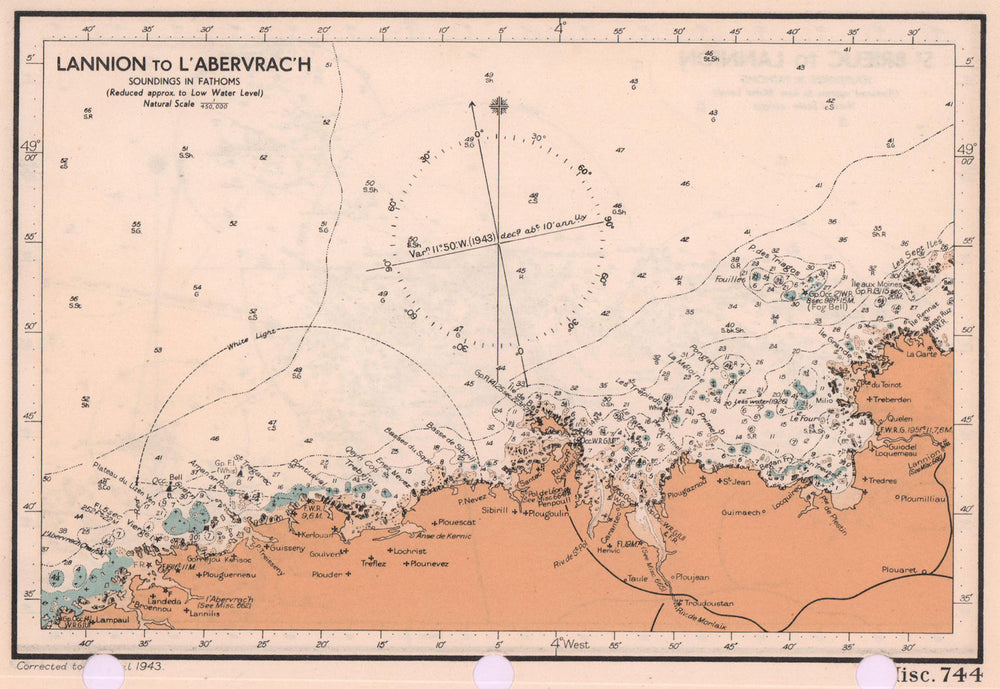 Lannion - L'Abervrac'h sea coast chart. Finistère. ADMIRALTY 1943 old map