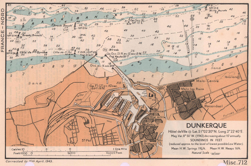 Dunkerque Dunkirk town plan/sea coast chart. D-Day planning map. ADMIRALTY 1943