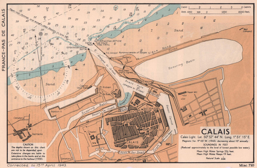 Calais town plan & sea coast chart. D-Day planning map. ADMIRALTY 1943 old