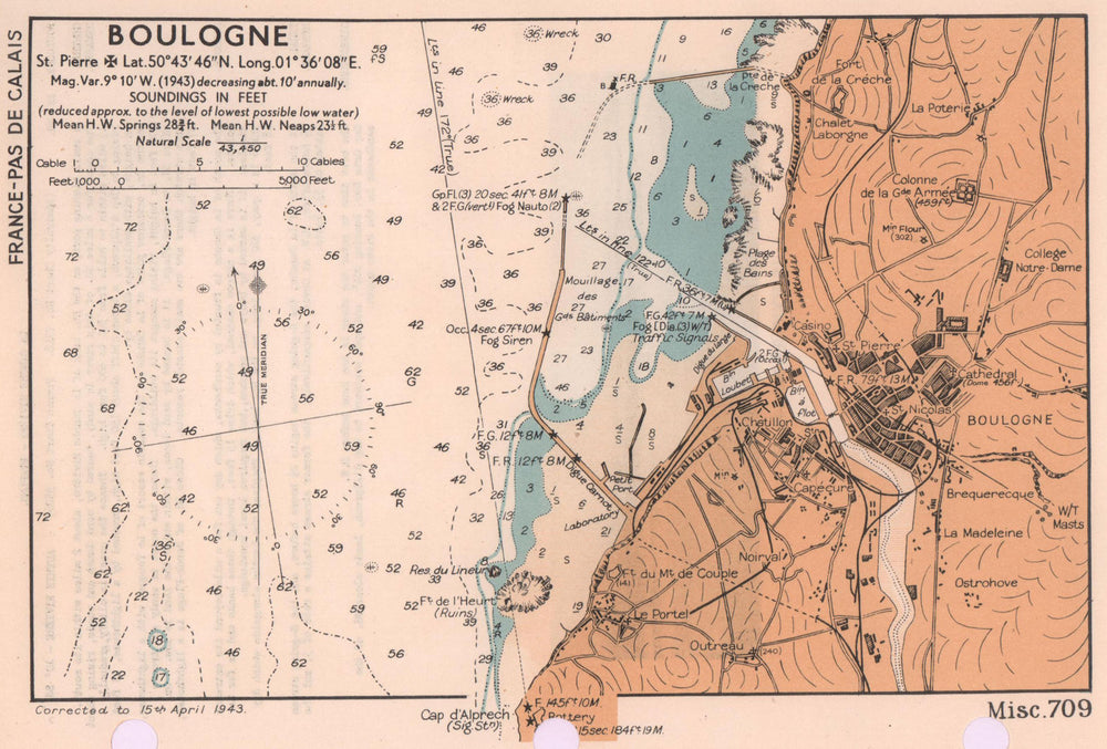 Boulogne town plan & sea coast chart. D-Day planning map. ADMIRALTY 1943