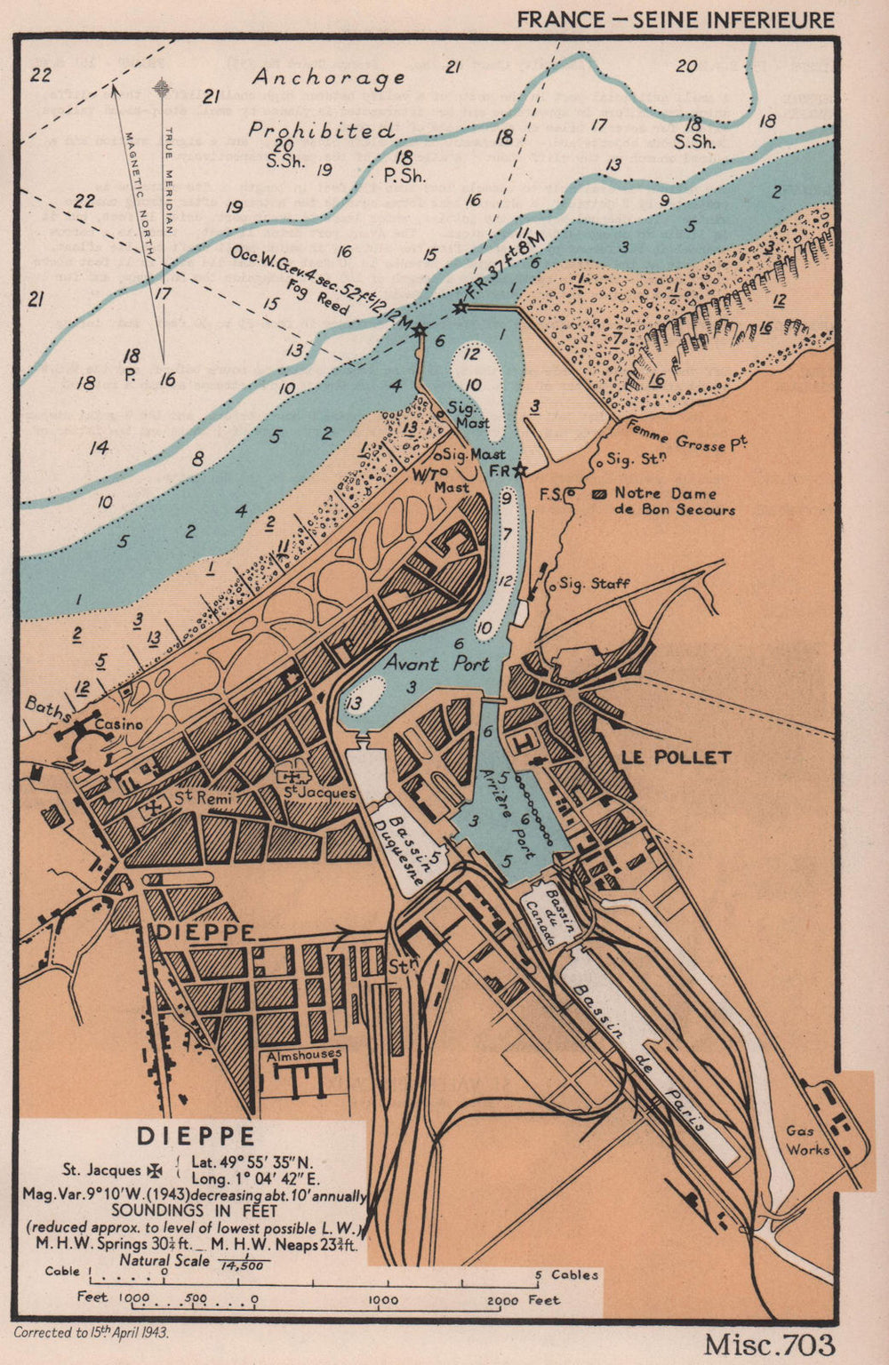 Dieppe town plan & sea coast chart. D-Day planning map. ADMIRALTY 1943 old