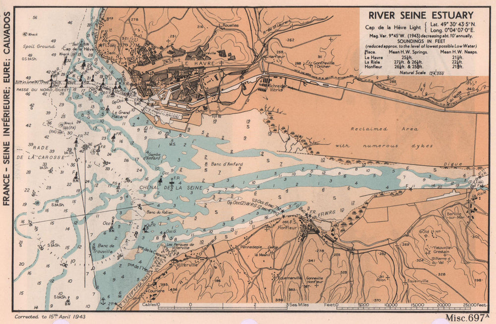 River Seine Estuary sea coast chart Le Havre. D-Day planning map. ADMIRALTY 1943
