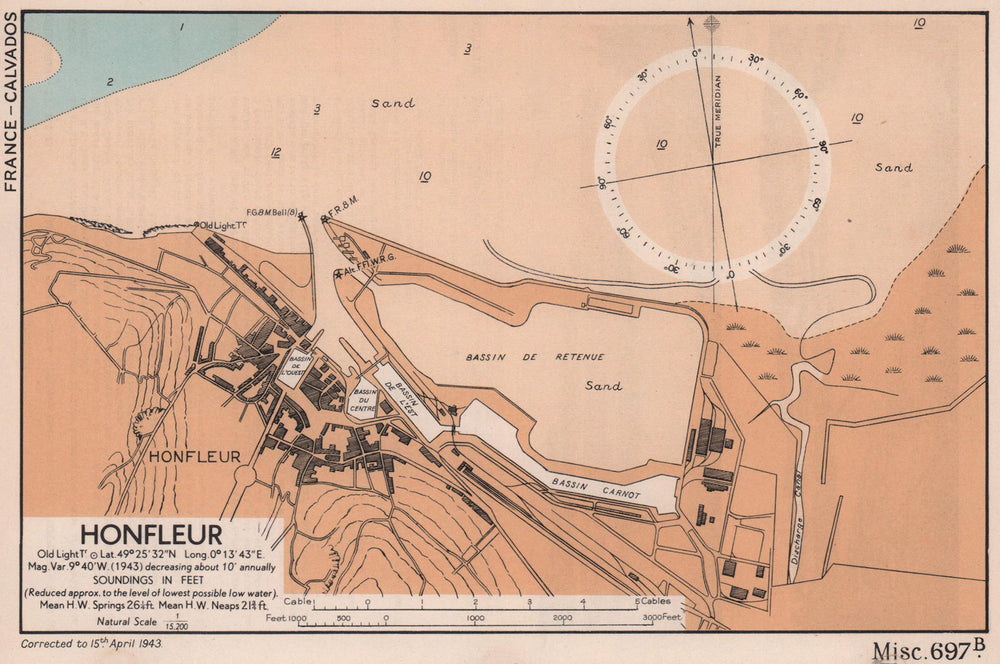Honfleur town plan & sea coast chart. D-Day planning map. ADMIRALTY 1943