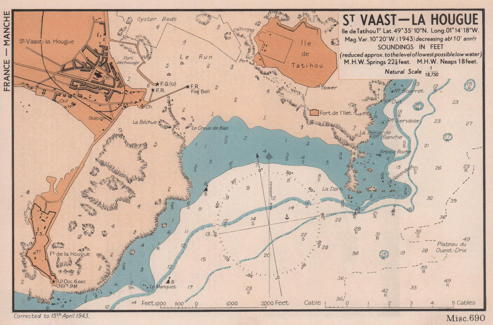 St-Vaast-La-Hougue town plan/sea coast chart. D-Day planning map. ADMIRALTY 1943
