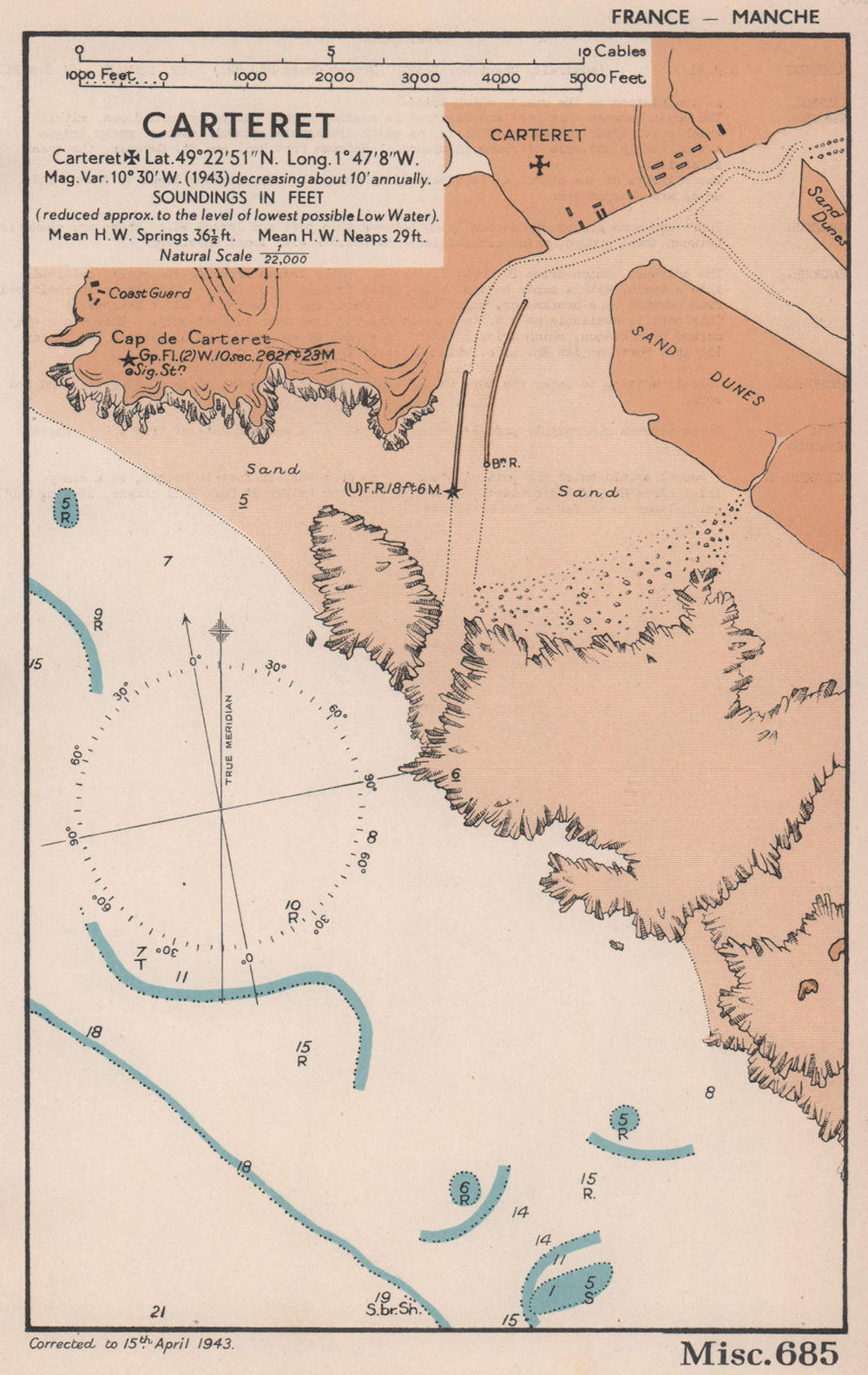 Carteret sea coast chart. D-Day planning map. Manche. ADMIRALTY 1943 old