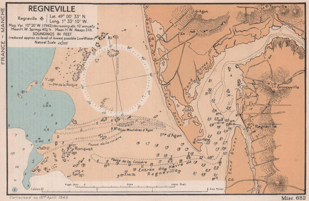 Regnéville-sur-Mer sea coast chart. D-Day planning map. Manche. ADMIRALTY 1943