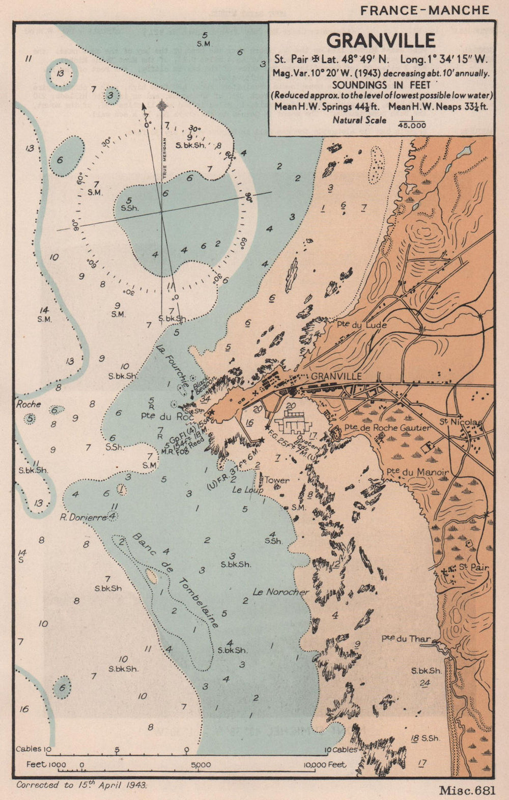Granville sea coast chart. D-Day planning map. Manche. ADMIRALTY 1943 old