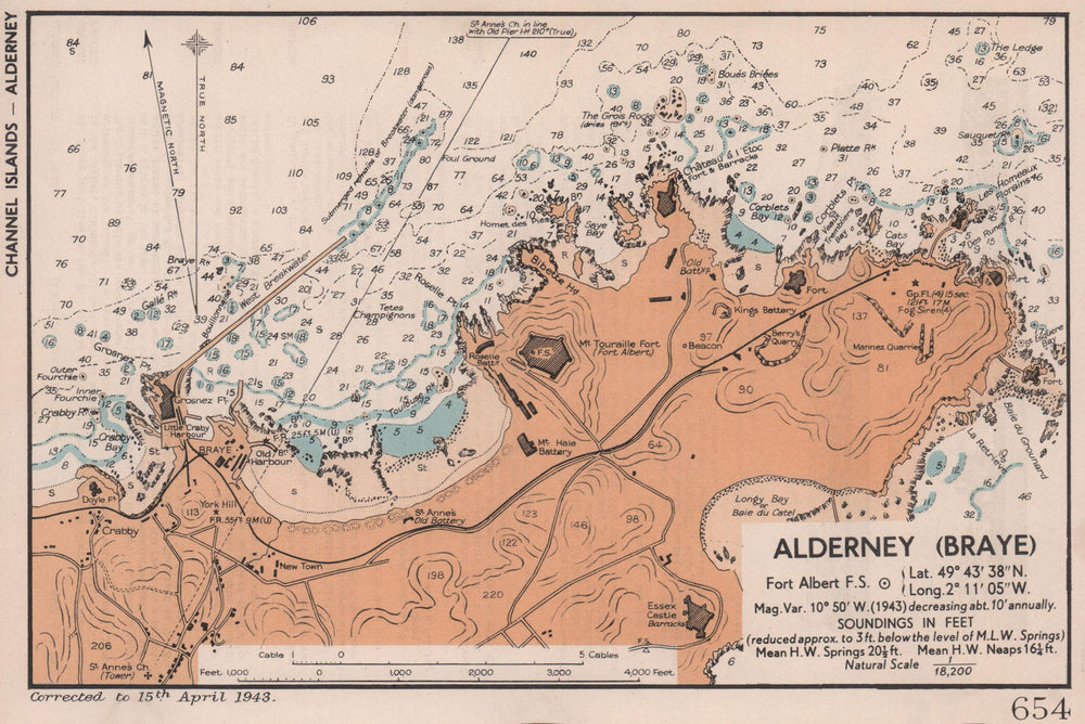 Braye, Alderney sea coast chart D-Day planning map. ADMIRALTY 1943 old