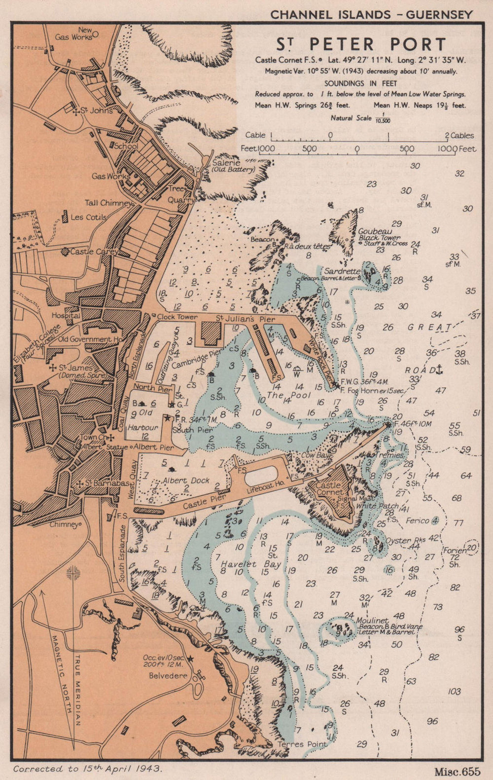 St Peter Port, Guernsey town plan & sea coast chart. ADMIRALTY 1943 old map