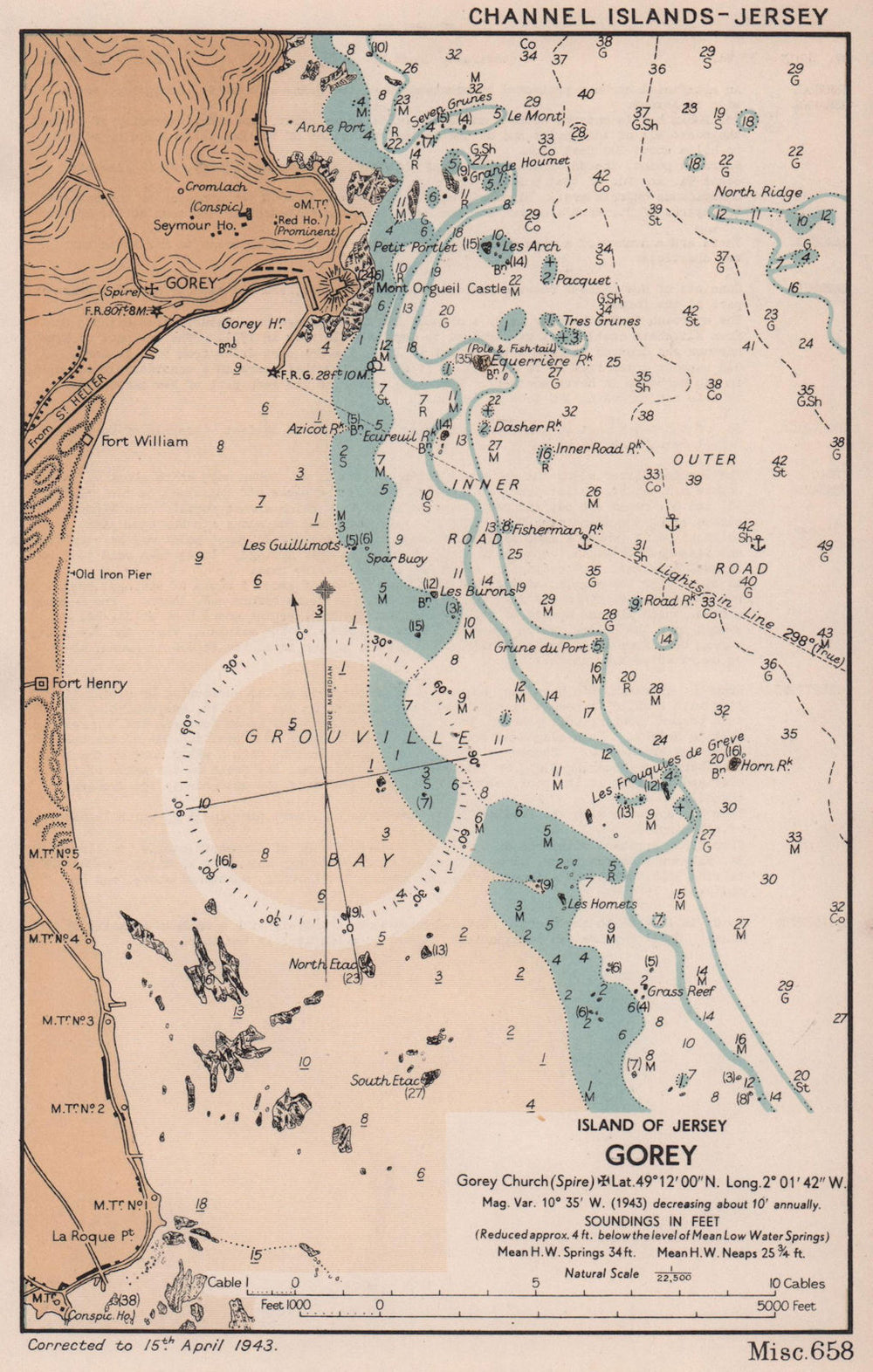 Gorey, Jersey sea coast chart. D-Day planning map Channel Islands ADMIRALTY 1943