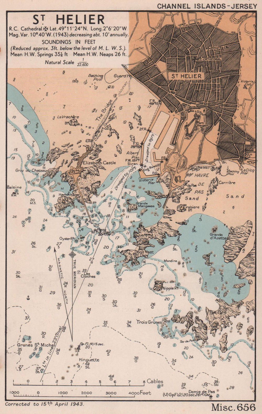 St Helier, Jersey sea coast chart D-Day planning map. ADMIRALTY 1943 old