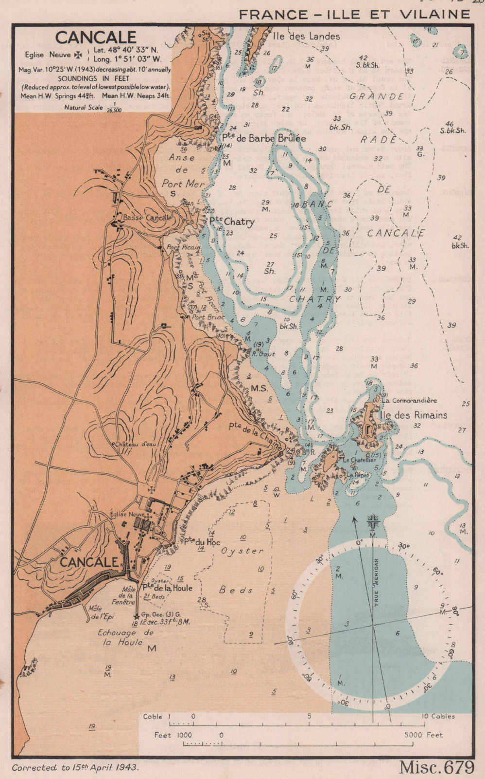 Cancale sea coast chart. D-Day planning map. Ille-et-Vilaine. ADMIRALTY 1943