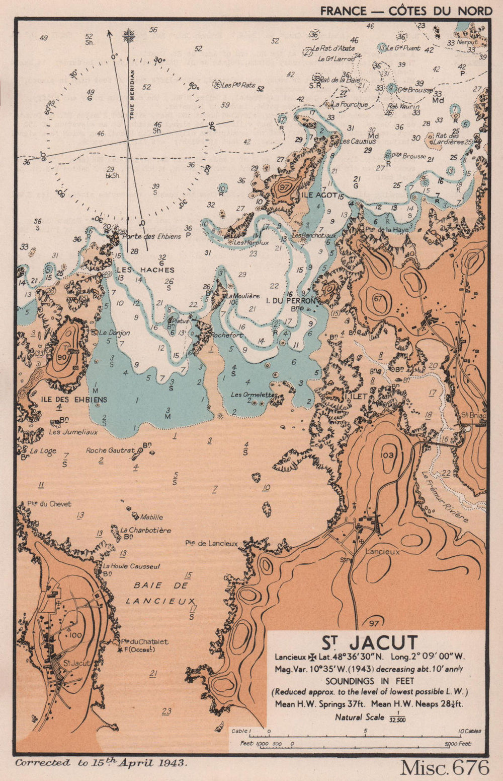 Saint-Jacut sea coast chart. D-Day planning map. Côtes-d'Armor. ADMIRALTY 1943