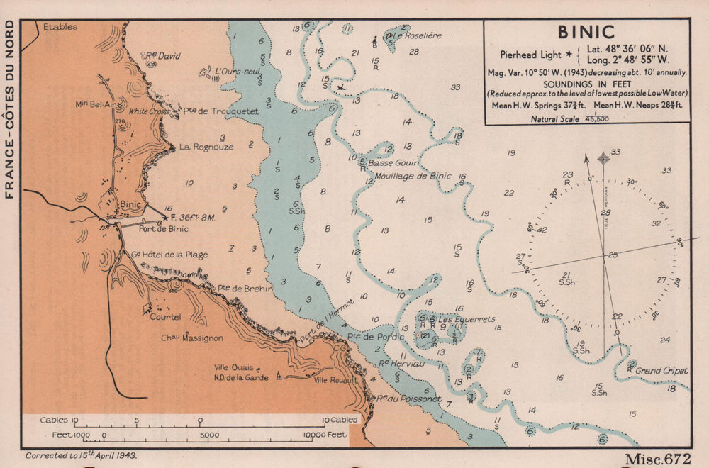 Binic sea coast chart. D-Day planning map. Côtes-d'Armor. ADMIRALTY 1943