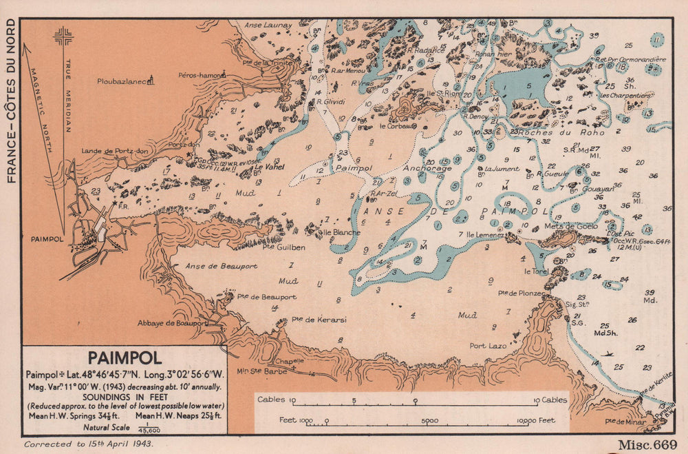 Paimpol sea coast chart. D-Day planning map. Côtes-d'Armor. ADMIRALTY 1943
