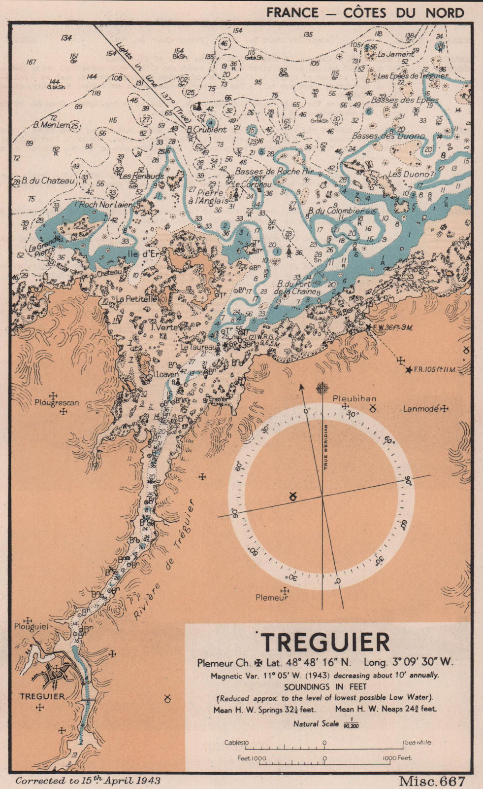 Treguier sea coast chart. D-Day planning map. Côtes-d'Armor. ADMIRALTY 1943