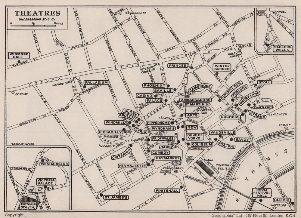 London West End theatres & music halls 1955 old vintage map plan chart