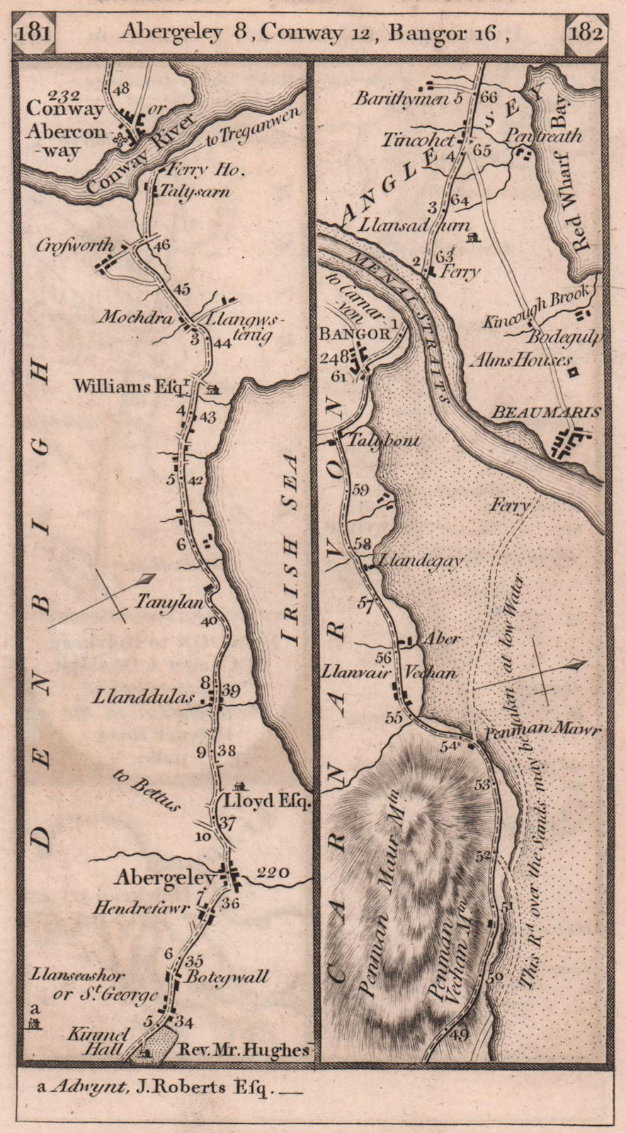 Abergele-Conwy-Bangor-Beaumaris-Pentraeth road strip map PATERSON 1803 old