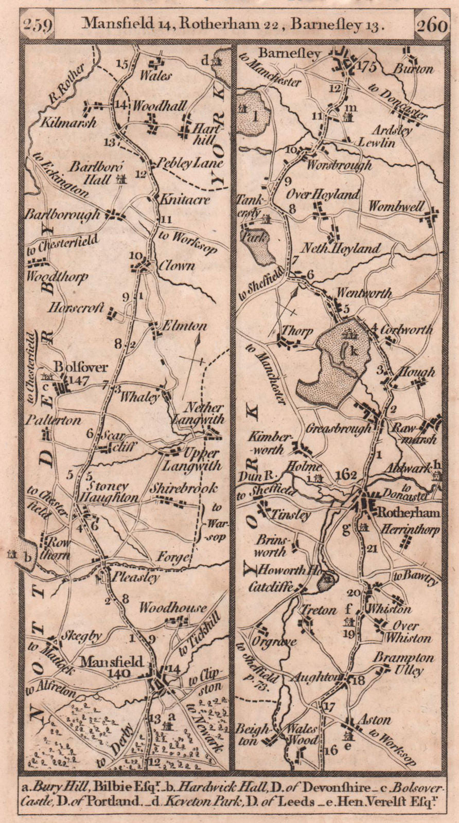 Mansfield - Bolsover - Rotherham - Barnsley road strip map PATERSON 1803