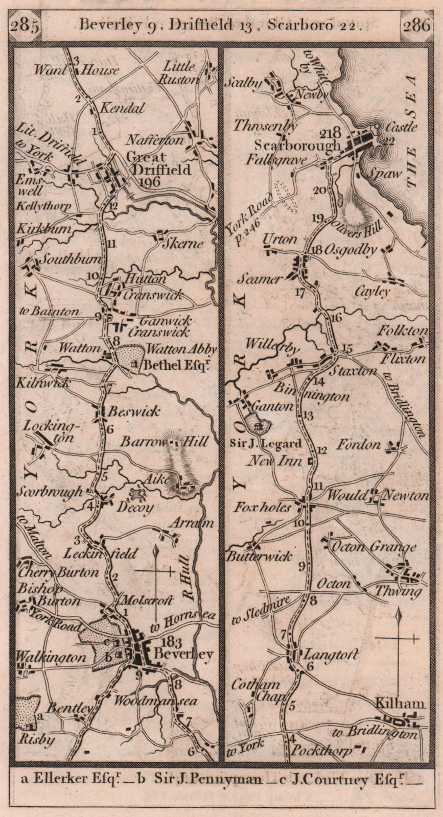 Beverley-Driffield-Kilham-Willerby-Scarborough road strip map PATERSON 1803