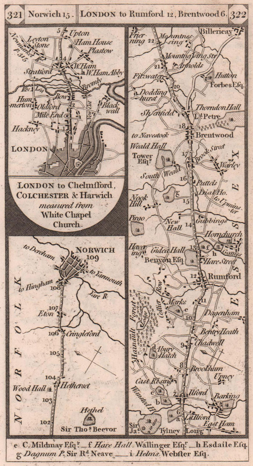 Norwich. West Ham-Romford-Brentwood-Billericay road strip map PATERSON 1803