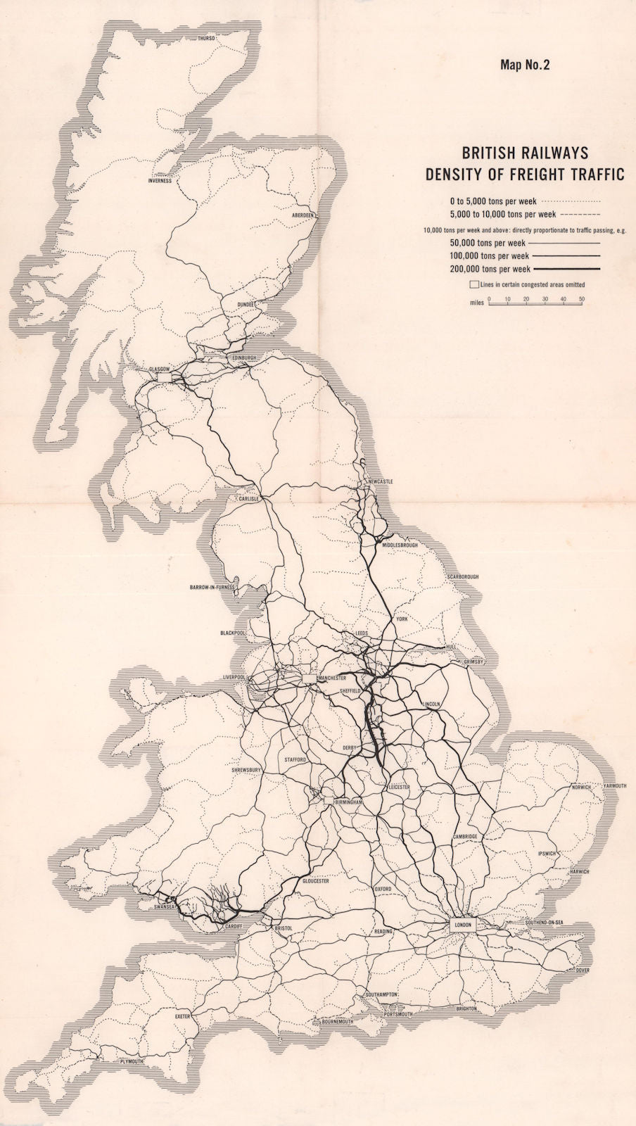 British Railways density of freight traffic. BEECHING REPORT 1963 old map