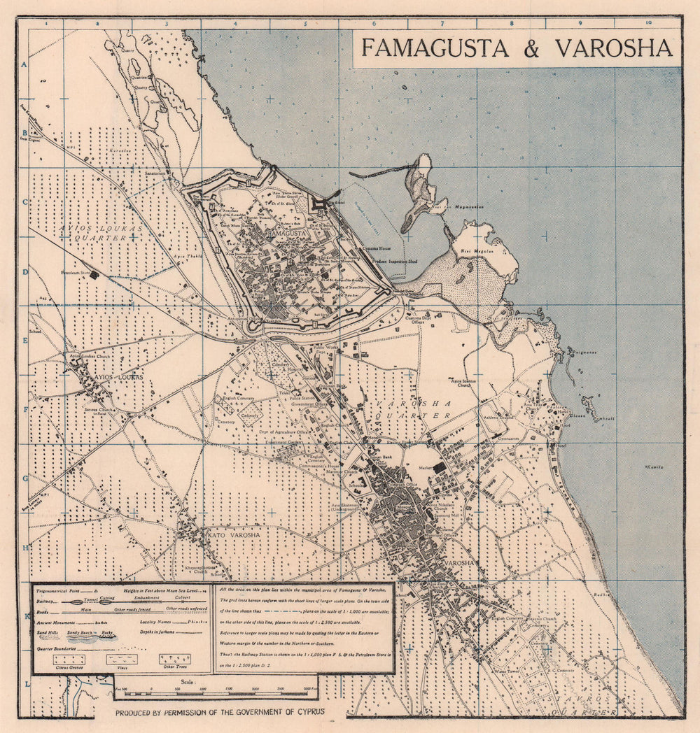 Famagusta & Varosha vintage town city plan. Gazimagusa, Northern Cyprus 1946 map