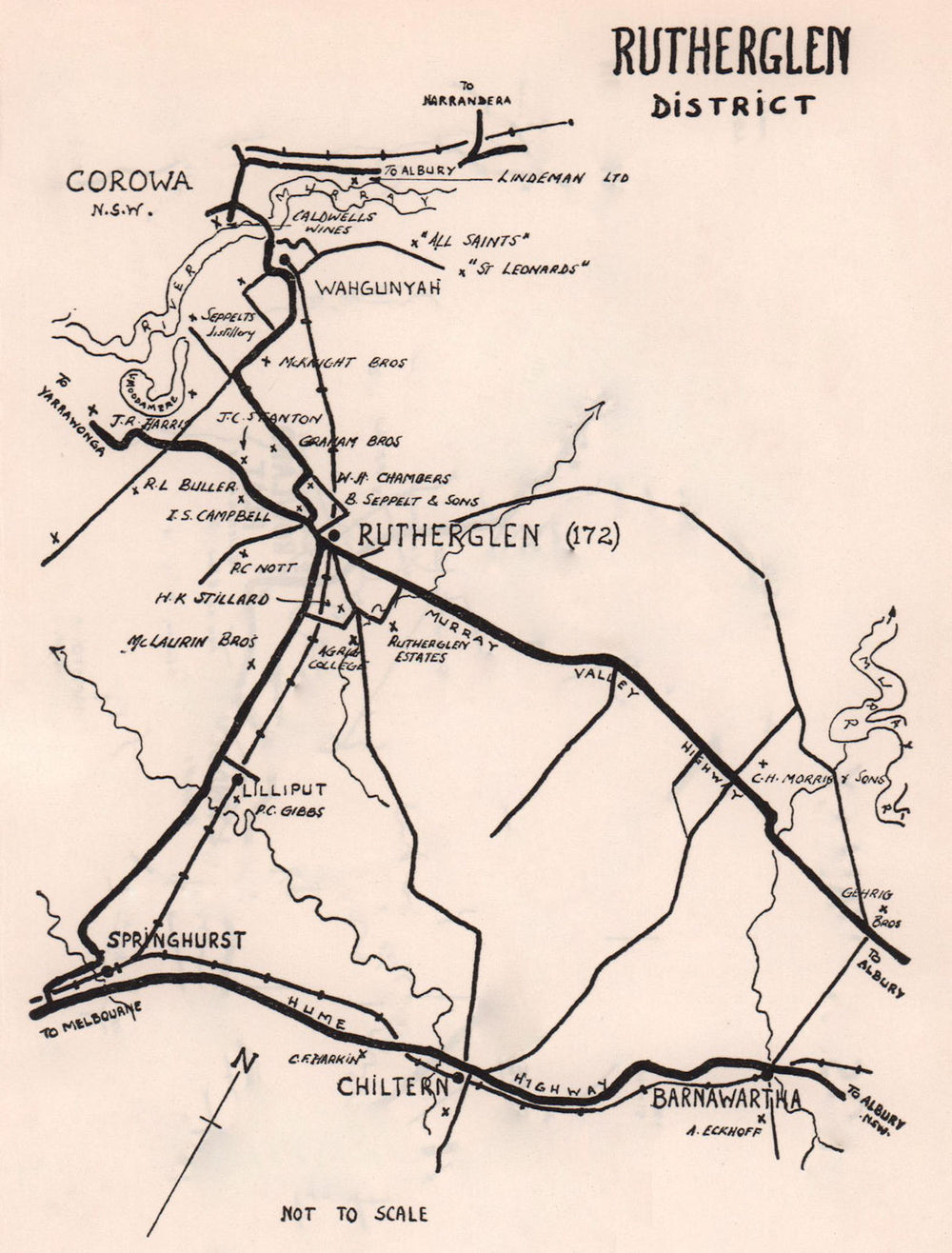 Rutherglen wine region sketch map. Victoria wineries. Australia 1955 old