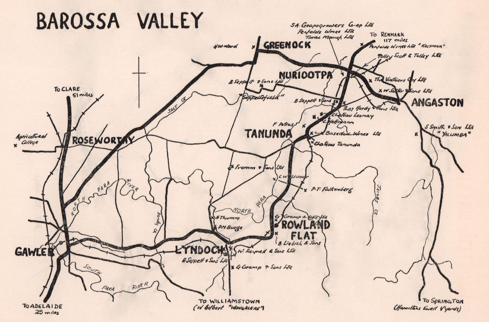 Barossa Valley wine region sketch map. South Australia wineries 1955 old