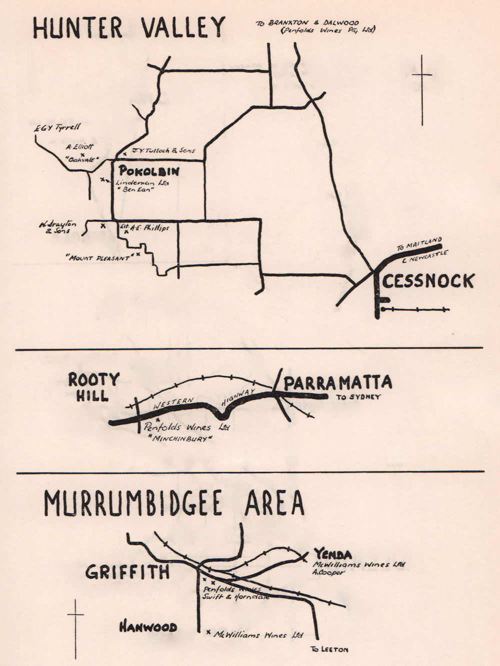 Hunter Valley wine region sketch map. New South Wales wineries. Griffith 1955