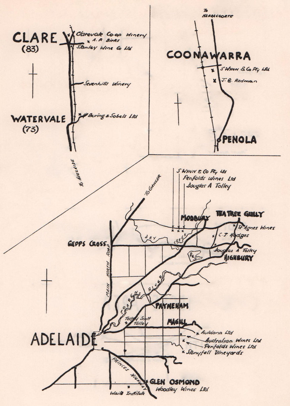Adelaide Hills Clare Valley Limestone coast South Australia wineries 1955 map