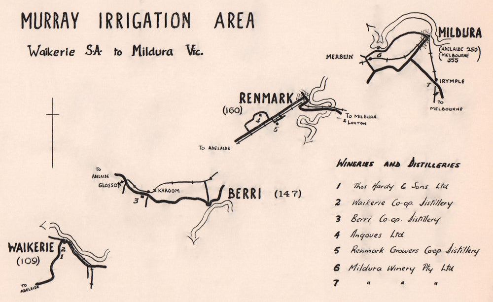 Riverland wineries. South Australia. Waikerie Berri Renmark Mildura 1955 map