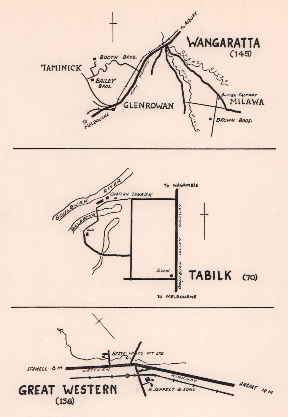 Victoria Australia wineries sketch map. Wangaratta Tabilk Great Western 1955