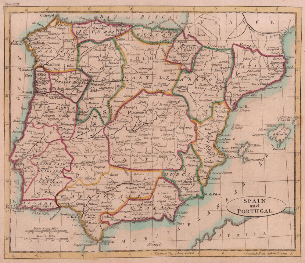 Spain and Portugal. Iberia. PAYNE 1798 old antique vintage map plan chart