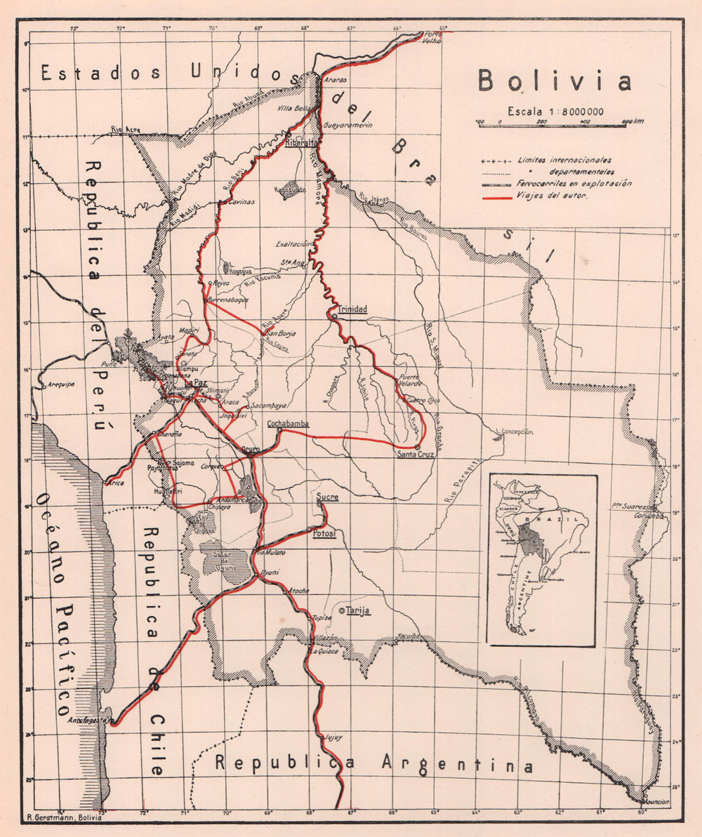 Bolivia by Roberto Gerstmann. Bolivia 1928 old vintage map plan chart