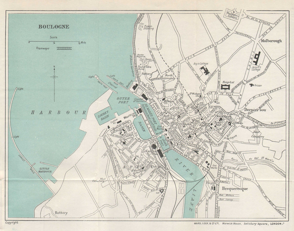 BOULOGNE vintage tourist town city plan. Pas-de-Calais. WARD LOCK 1928 old map