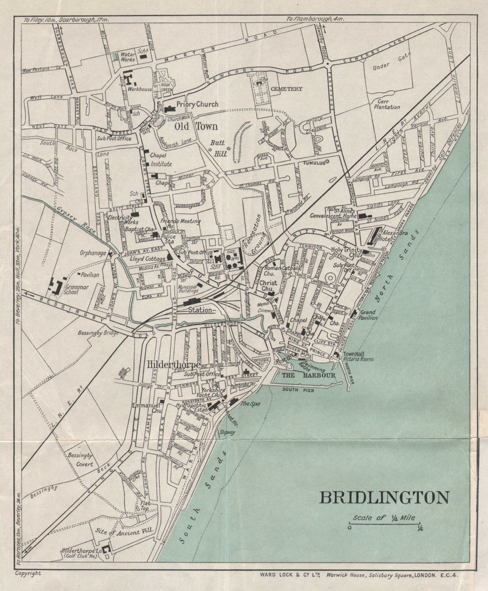BRIDLINGTON vintage tourist town city plan. Yorkshire. WARD LOCK 1935 old map