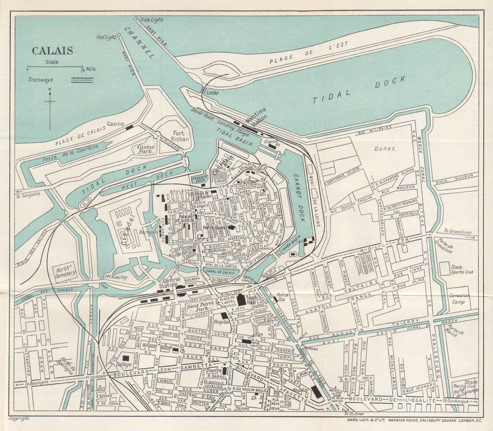 CALAIS vintage tourist town city plan. Pas-de-Calais. WARD LOCK 1928 old map