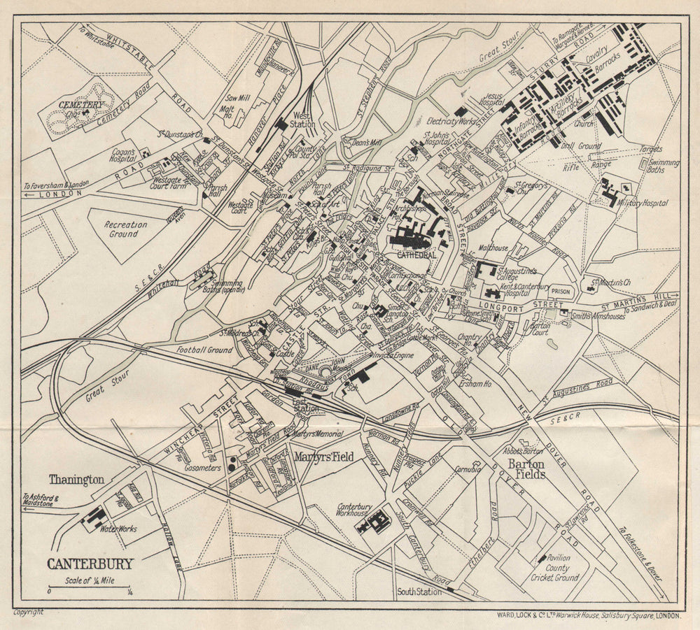CANTERBURY vintage tourist town city plan. Kent. WARD LOCK 1919 old map