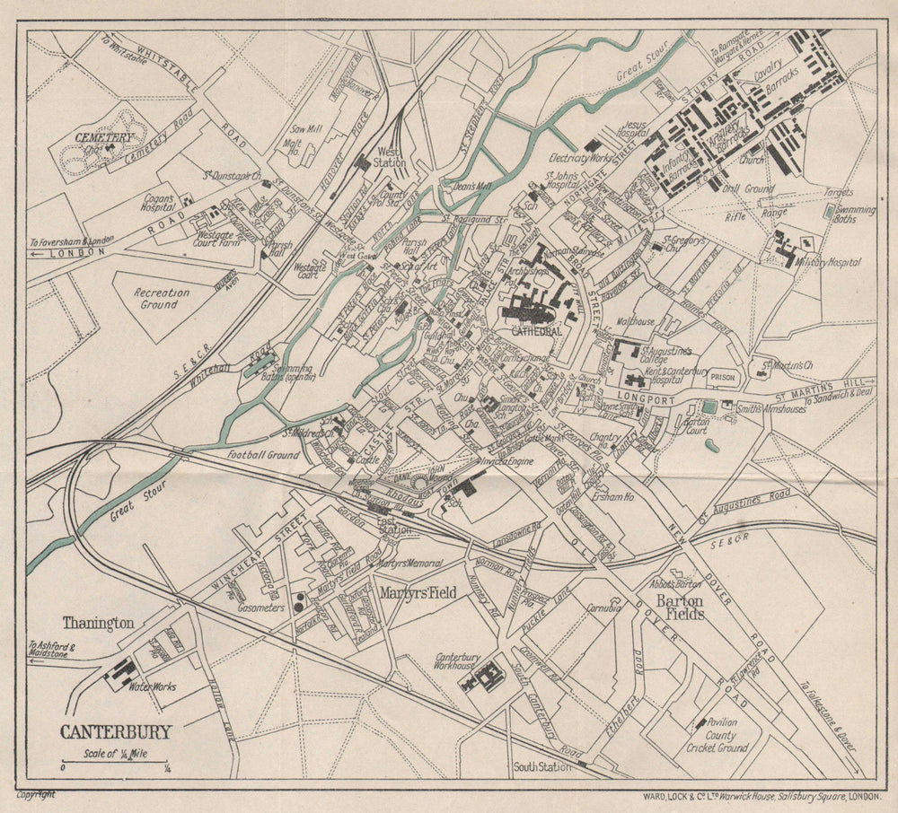 CANTERBURY vintage tourist town city plan. Kent. WARD LOCK 1924 old map