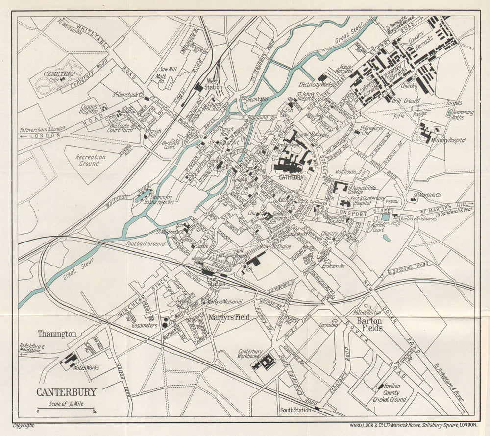 CANTERBURY vintage tourist town city plan. Kent. WARD LOCK 1928 old map